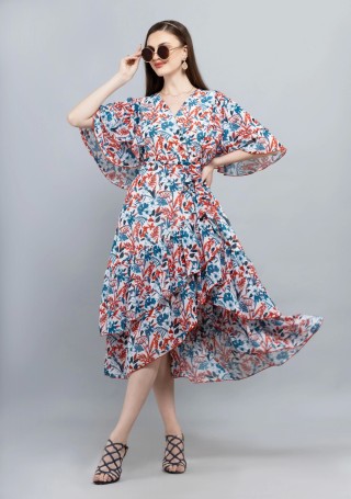 Tropical Print Georgette Asymmetrical Ruffle Midi Dress