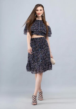 Black Floral Print Lurex Chiffon Crop Top and Skirt Co-Ord Set
