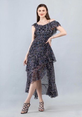 Black Floral Print Lurex Chiffon One Shoulder Asymmetrical Long Dress ...