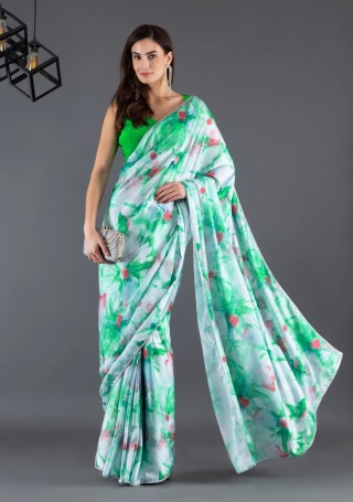 Green & Coral Marble Floral Printed Modal Satin Ready-to-Wear Saree