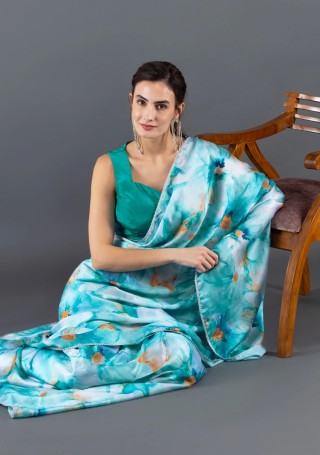 Turquoise & Orange Marble Floral Printed Modal Satin Ready-to-Wear Saree
