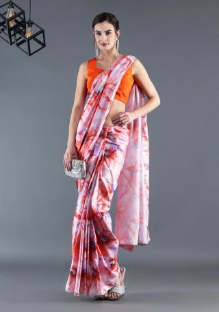 Orange & Lavender Marble Floral Printed Modal Satin Ready-to-Wear Saree