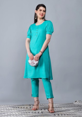 Turquoise Dobby Rayon A-Line Kurta Pant Co-Ord Set