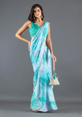 Sea Green Marble print Chiffon Saree With Unstitched Blouse