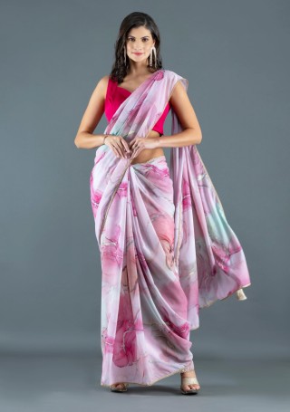 Pink Marble print Chiffon Saree With Unstitched Blouse