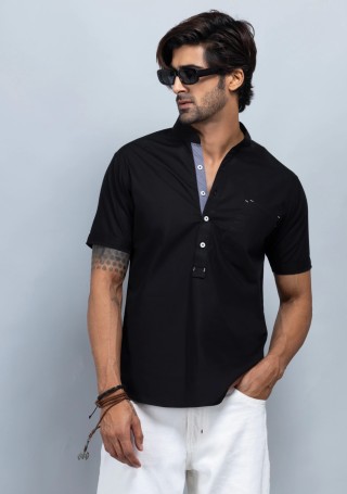Black Kurta Style Slim Fit Rhysley Men's Shirt