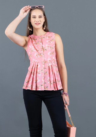 Coral Water Colour Floral Printed Muslin Top