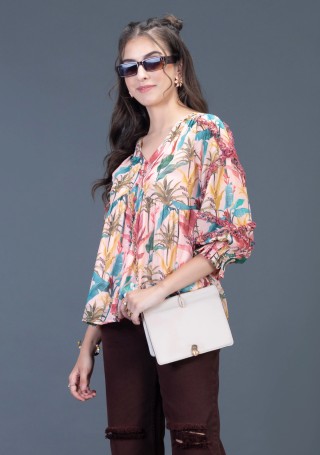 Tropical Print Georgette Flared A-Line Top