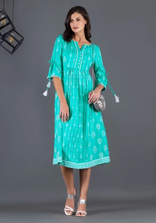 Sea Green Silver Glitter & Khari Motif Printed Viscose Rayon Flared Indo-Western Dress