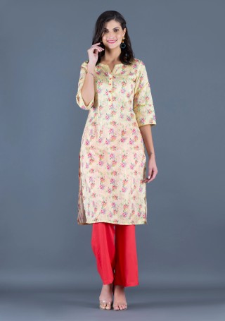 Neon Yellow Floral Printed With Sequins Weave Muslin Straight Kurta