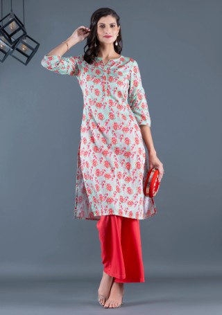 Mint Green Floral Printed With Sequins Weave Muslin Straight Kurta