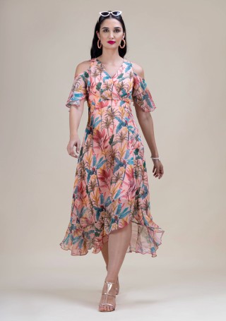 Pink Tropical Print Georgette Flared Long Dress