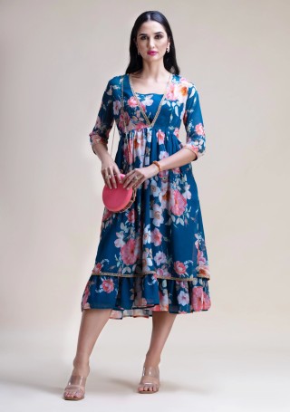 Multi Colour Big Floral Print Georgette Midi Dress