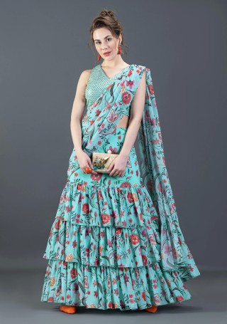 Turquoise Oriental Floral Printed Lehenga Saree with Belt
