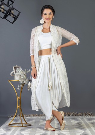 Off-White Gota Embroidered Cape With Dhoti Salwar & Crop Top