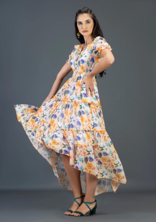 Multi Colour Floral Print Georgette Tiered Long Dress