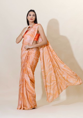 Peach Marble Print Lightweight Satin Georgette Saree With Unstitched Blouse