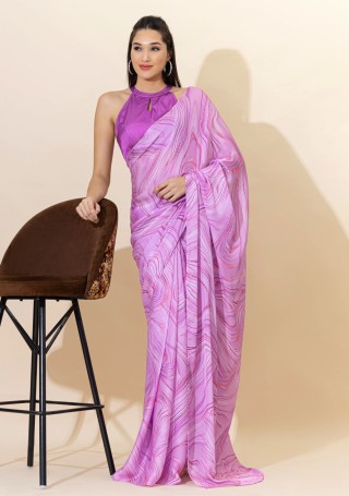 Lavender Marble Print Lightweight Satin Georgette Saree With Unstitched Blouse