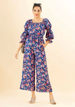 Blue Floral Print Rayon Long Jumpsuit
