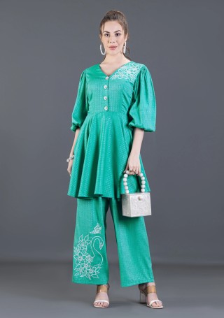 Emerald Green Embroidered Dobby Rayon Peplum Style Co-Ord Set
