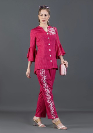Fuchsia Pink Embroidered Dobby Rayon Co-Ord Set