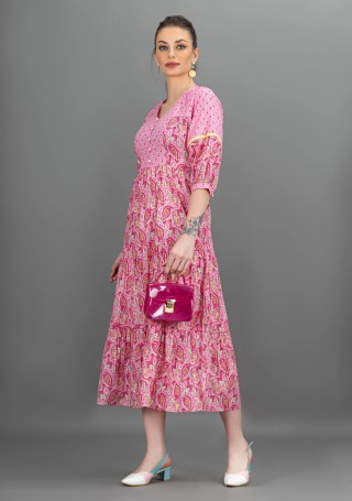 Pink Ethnic Motif Print Cotton Tiered Midi Dress