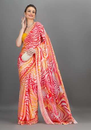 Multi-Colour Animal Print Lightweight Satin Georgette Saree With Unstitched Blouse