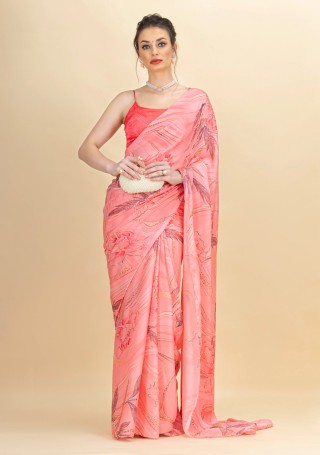 Coral Floral Printed Lightweight Satin Georgette Saree With Unstitched Blouse