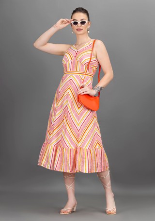 Multi-Colour Stripes Rayon Slub Flared Midi Dress