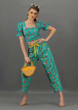 Turquoise Botanical Print Crop Top and Pants Co-Ord Set