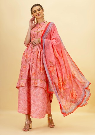 Pink Floral Print Front Slit Asymmetrical Kurta and Palazzo Pants with Dupatta