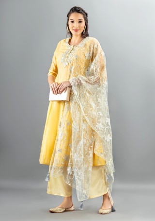 Yellow Chanderi Embroidered Flared Kurta Pant Set