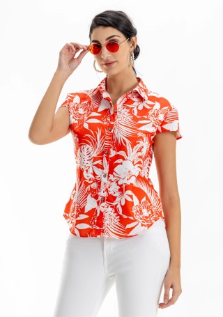 Orange Tropical Print Drop Shoulder Shirt