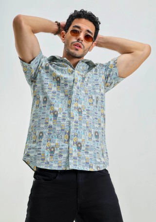 Egyptian Print Slim Fit Men's Half Sleeves Shirt