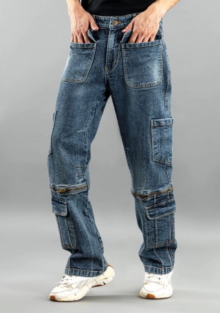 Blue Wide Leg Men's Cargo Style Jeans