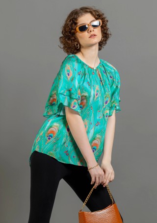 Turquoise Peacock Print Satin A-Line Top