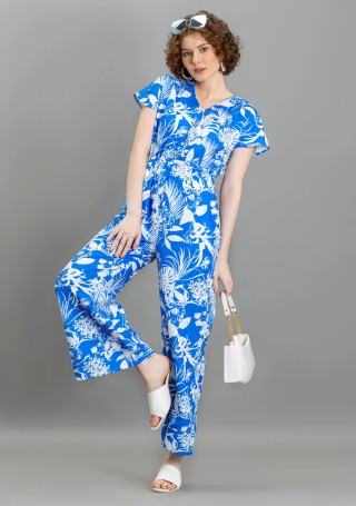 Blue Tropical Print Jumpsuit