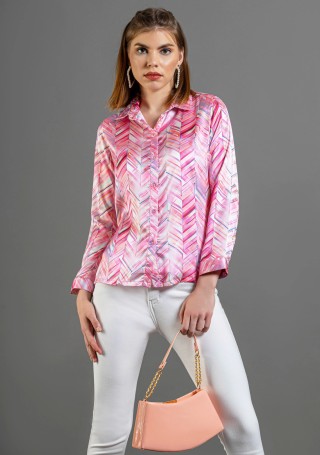 Pink Chevron Print Satin Shirt