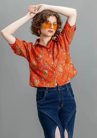 Orange Paisley Print Cotton Crop Shirt