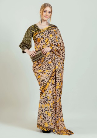 Animal Print Lightweight Satin Georgette Saree With Unstitched Blouse