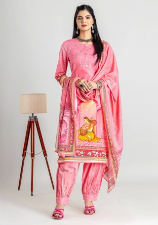 Pink Mughal Print Straight Kurti with Salwar and Dupatta Set