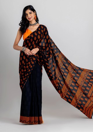 Black Mughal Motif Cotton Saree with Unstitched Blouse